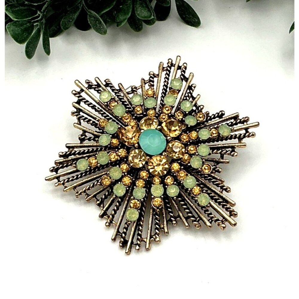 Vintage Starburst Brooch With Green & Champage Rhinestones Gold Tone Metal Pin